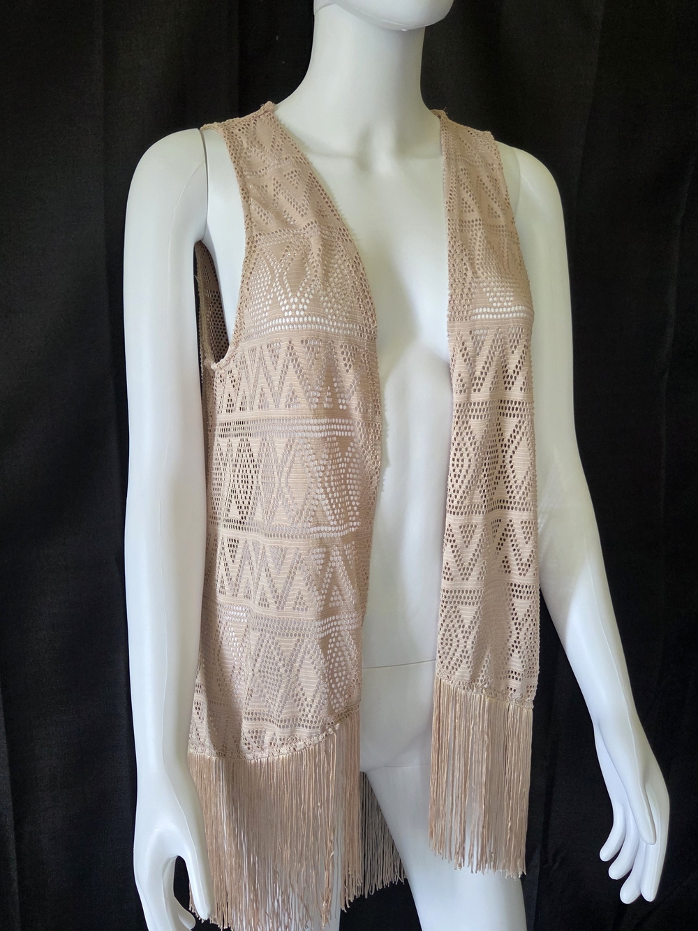 Eyeshadow Boho Crochet Lace Open Front Fringe Vest Cardigan Beige M